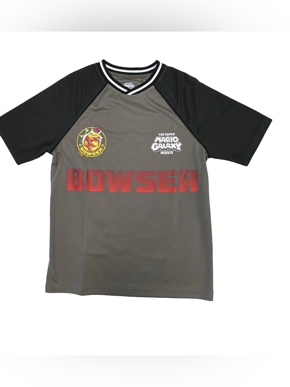 NWT Super Mario Bowser Soccer Jersey Boy Large 10/12 Gray Black Mesh Graphic Tee